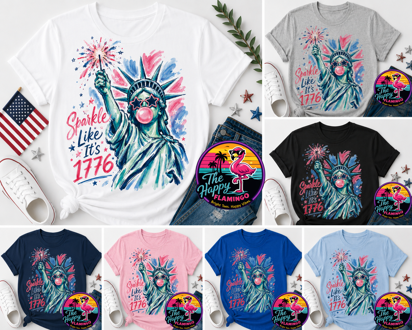 Bella + Canvas Statue of Liberty with Bubble Gum Patriotic Tee
